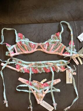 For Love And Lemons Pink & Mint Floral Embroidered Sheer Lingerie Set